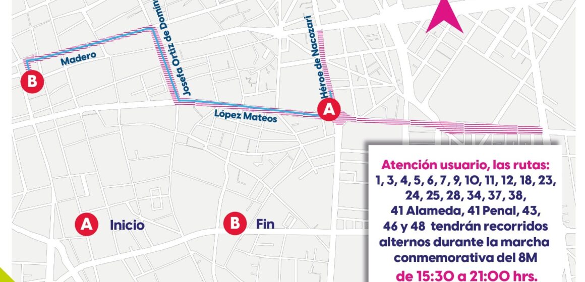 RUTAS ALTERNAS DE URBANOS POR CIERRES VIALES PARA ESTE 8 DE MARZO