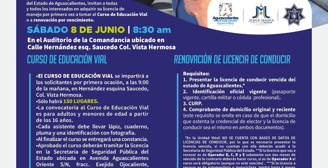 PROGRAMA SABATINO PARA LA EXPEDICIÓN DE LICENCIAS DE CONDUCIR ESTARÁ EN JESÚS MARÍA